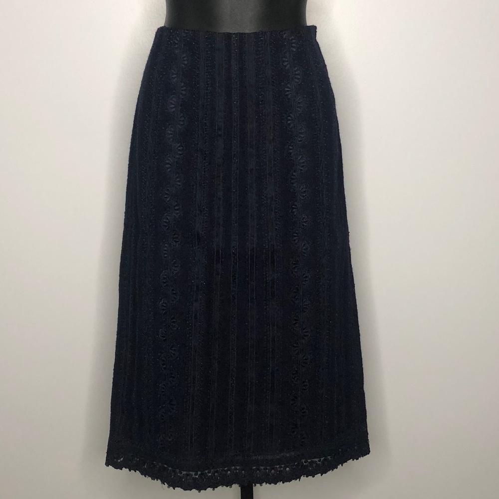 Oscar De La Renta Navy Blue Textured Lace Skirt 93% Wool Silk Lined Sz12